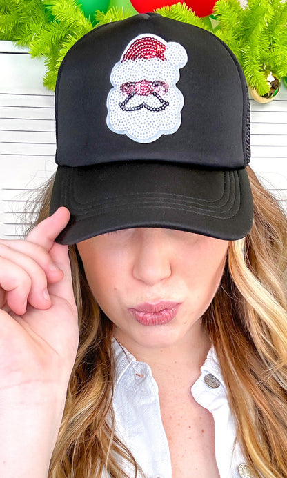 Sparkle Santa Face Sequin Trucker Hat