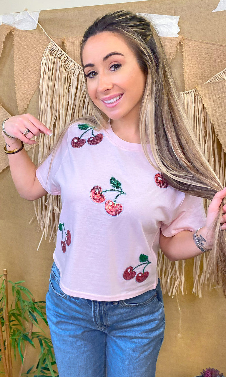 Sparkle Sequin Fruit Graphic Crop Top T-Shirt