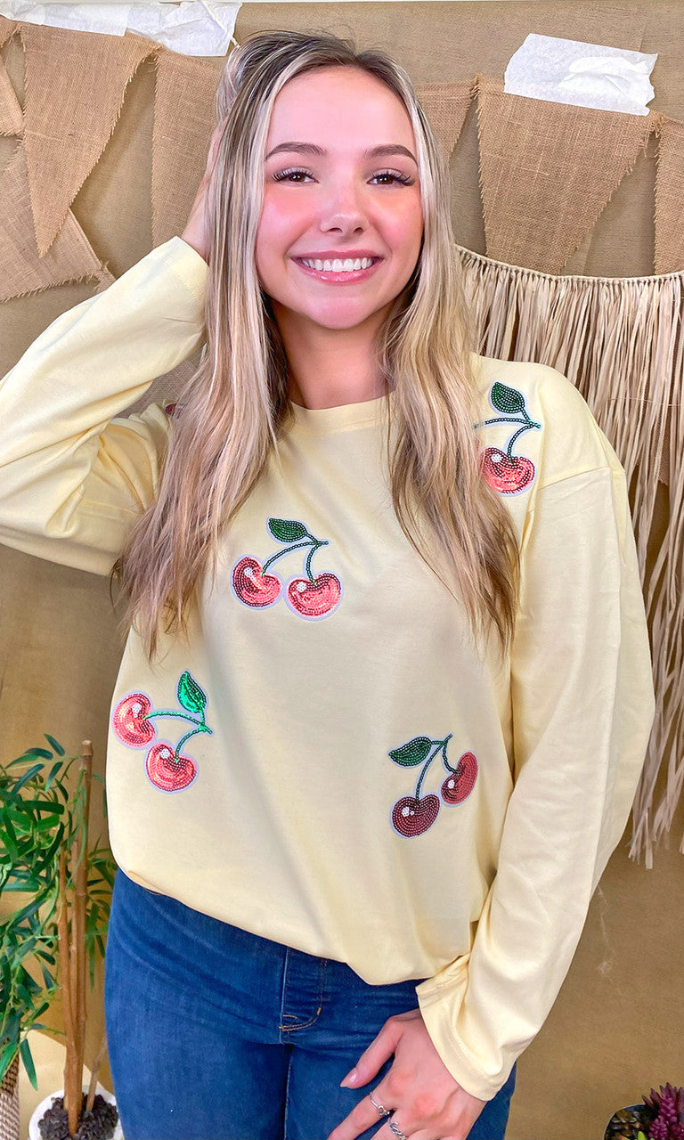 Sparkle Sequin Fruit Graphic Long Sleeve T-Shirt