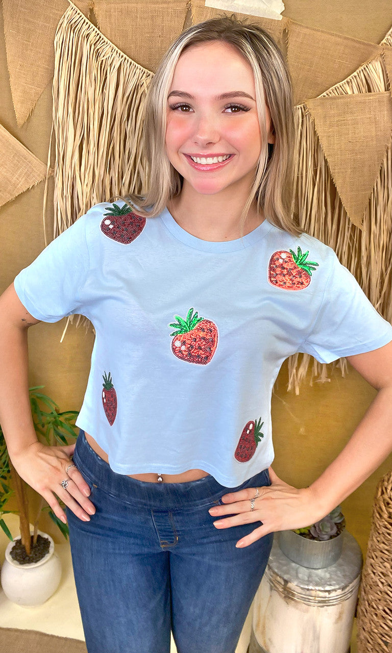 Sparkle Sequin Fruit Graphic Crop Top T-Shirt