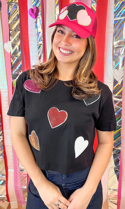 Sparkle Sequin Valentine Heart Graphic Crop Top T-Shirt