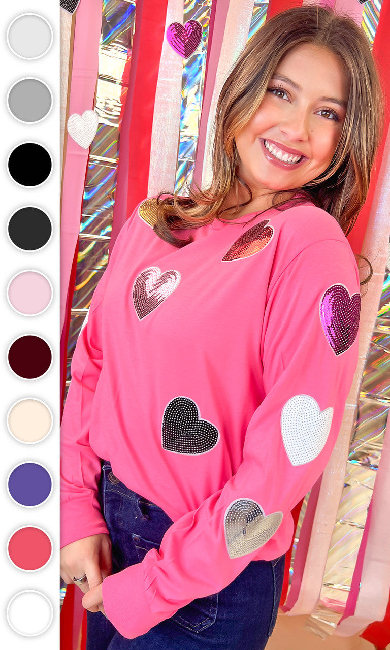 Sparkle Sequin Valentine Heart Graphic Long Sleeve T-Shirt