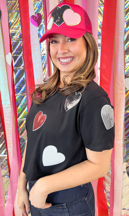 Sparkle Sequin Valentine Heart Graphic Crop Top T-Shirt