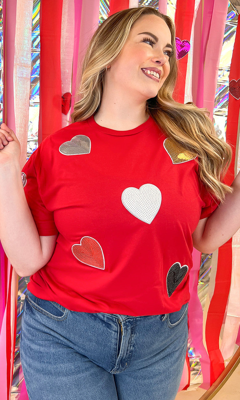 Sparkle Sequin Valentine Heart Graphic T-Shirt