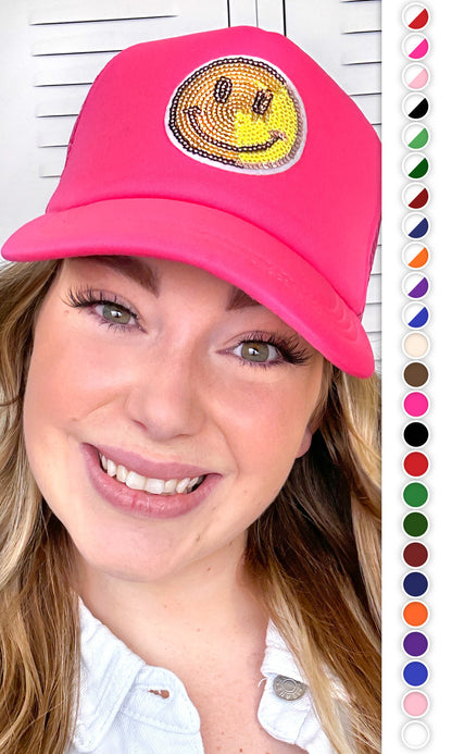 Sparkle Smiley Face Sequin Trucker Hat