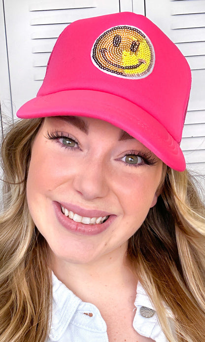 Sparkle Smiley Face Sequin Trucker Hat