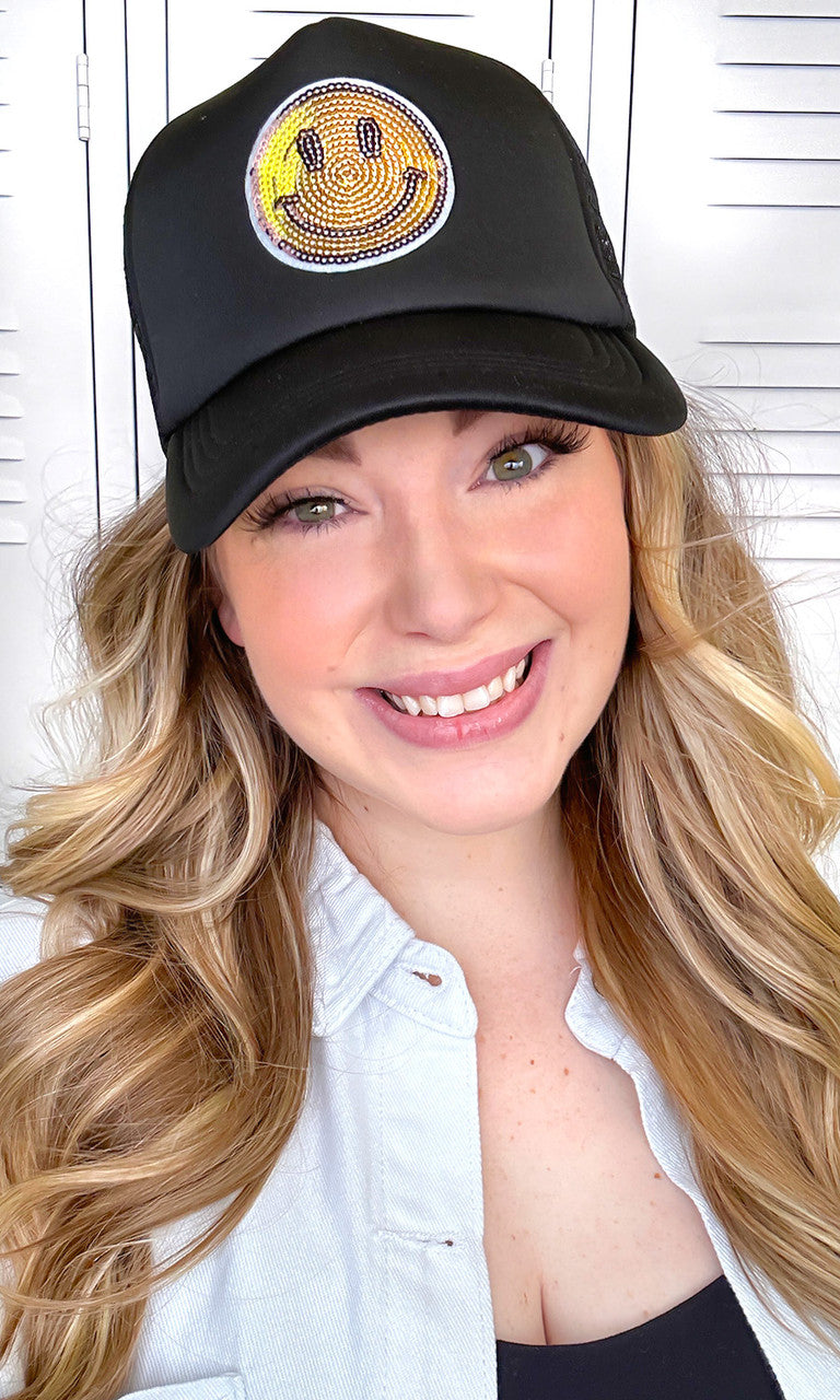Sparkle Smiley Face Sequin Trucker Hat