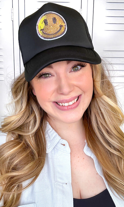 Sparkle Smiley Face Sequin Trucker Hat