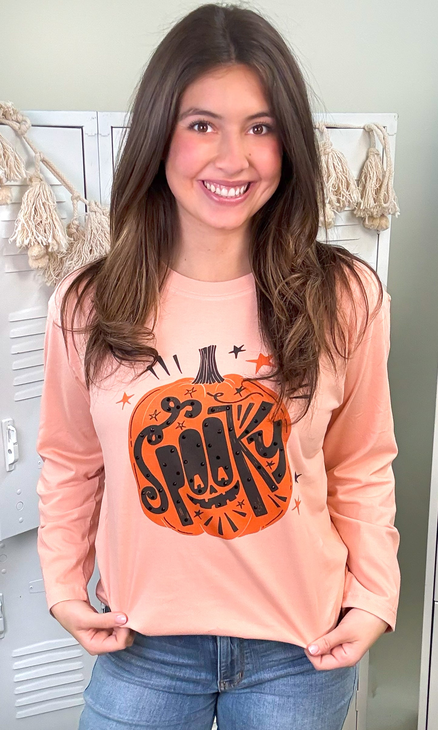 Spooky Pumpkin Rhinestones Graphic Long Sleeve T-Shirt