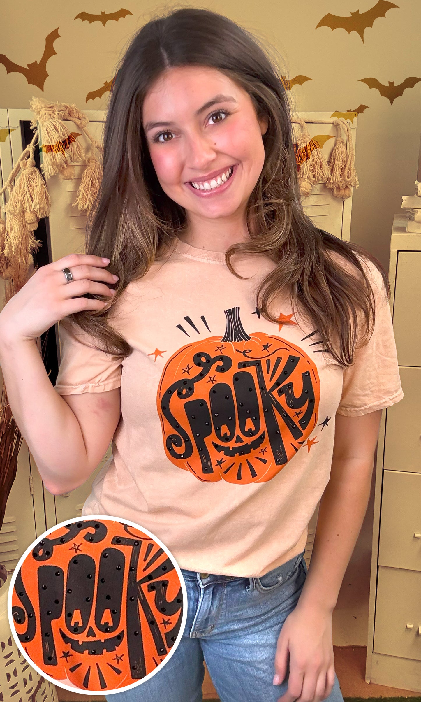 Spooky Pumpkin Rhinestone Graphic Mineral Washed Shirt