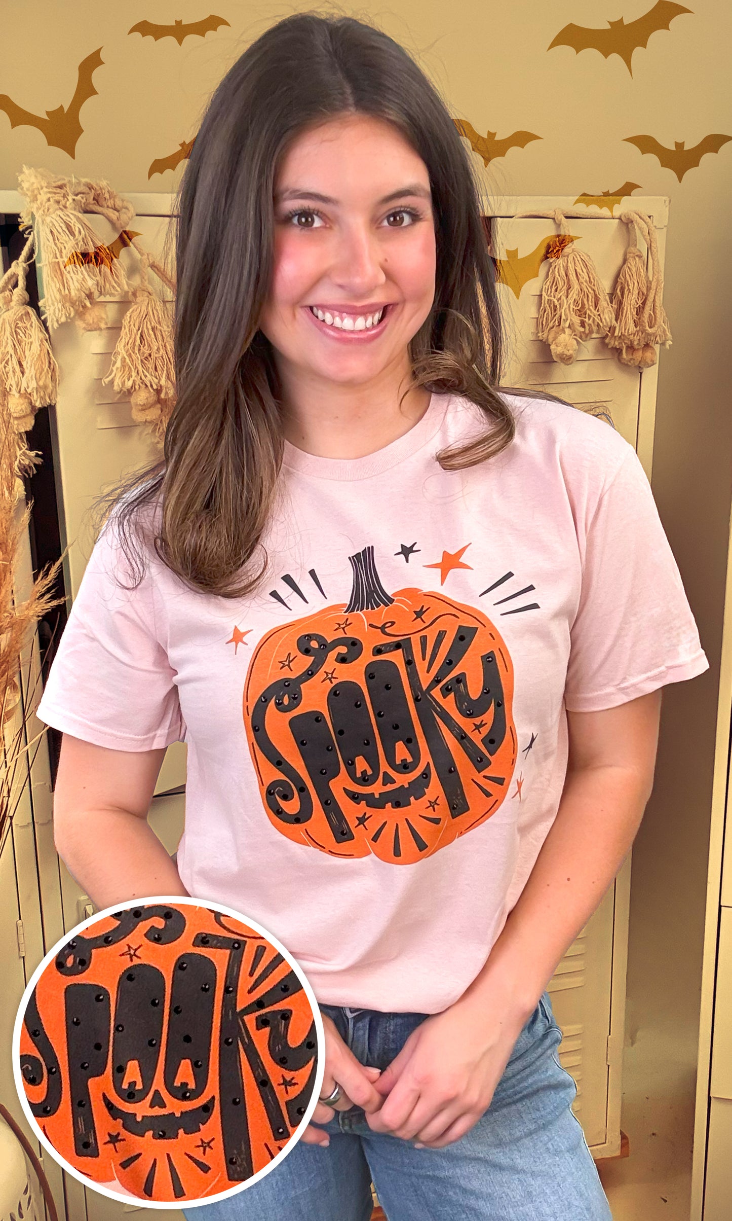 Spooky Pumpkin Rhinestone Graphic T-Shirt