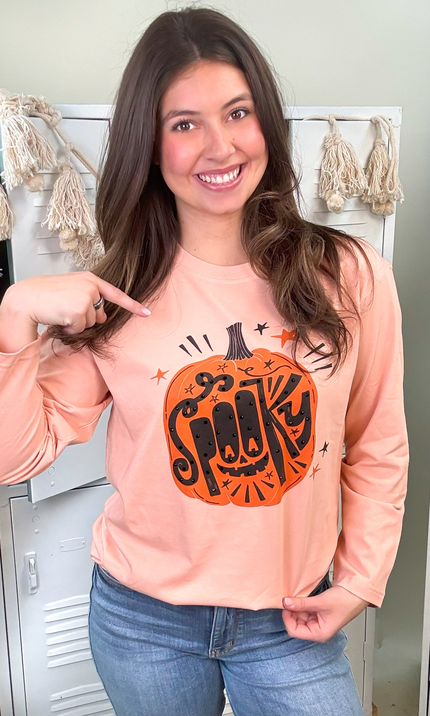 Spooky Pumpkin Rhinestones Graphic Long Sleeve T-Shirt