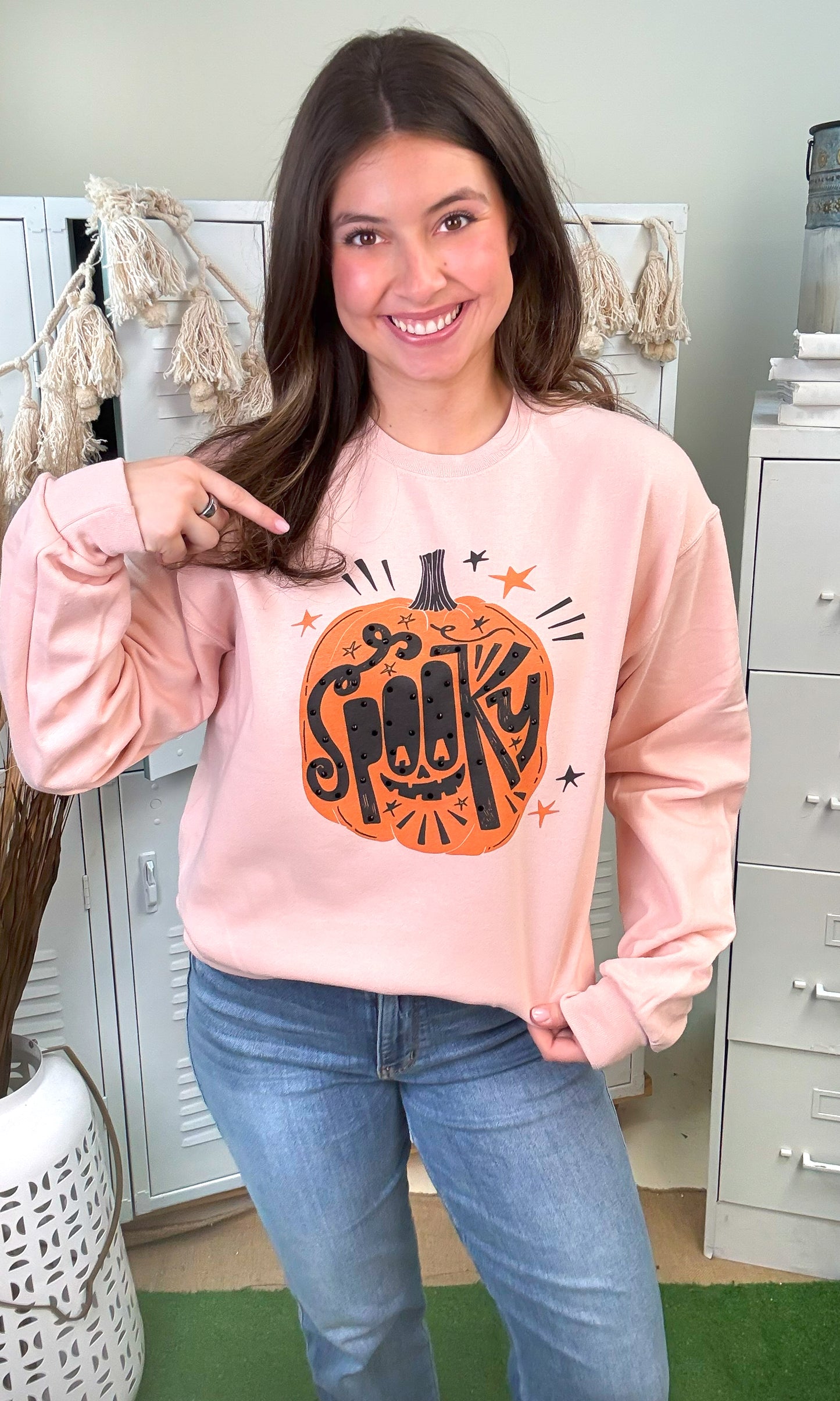 Spooky Pumpkin Rhinestone Graphic Sweatshirt