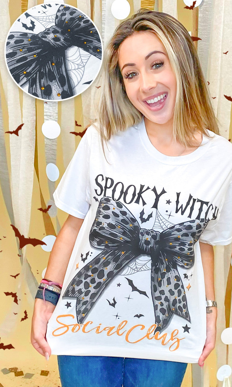Spooky Witch Social Club Cheetah Bow Rhinestone Graphic Shirt