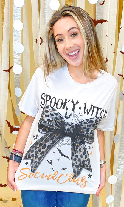 Spooky Witch Social Club Cheetah Bow Rhinestone Graphic Shirt