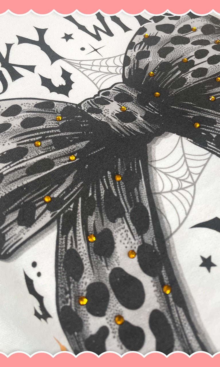 Spooky Witch Social Club Cheetah Bow Rhinestone Graphic Long Sleeve Shirt