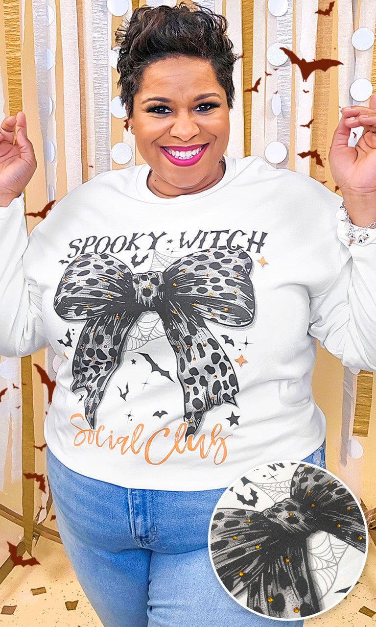 Spooky Witch Social Club Cheetah Bow Rhinestone Graphic Long Sleeve Shirt