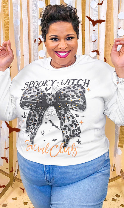 Spooky Witch Social Club Cheetah Bow Rhinestone Graphic Long Sleeve Shirt