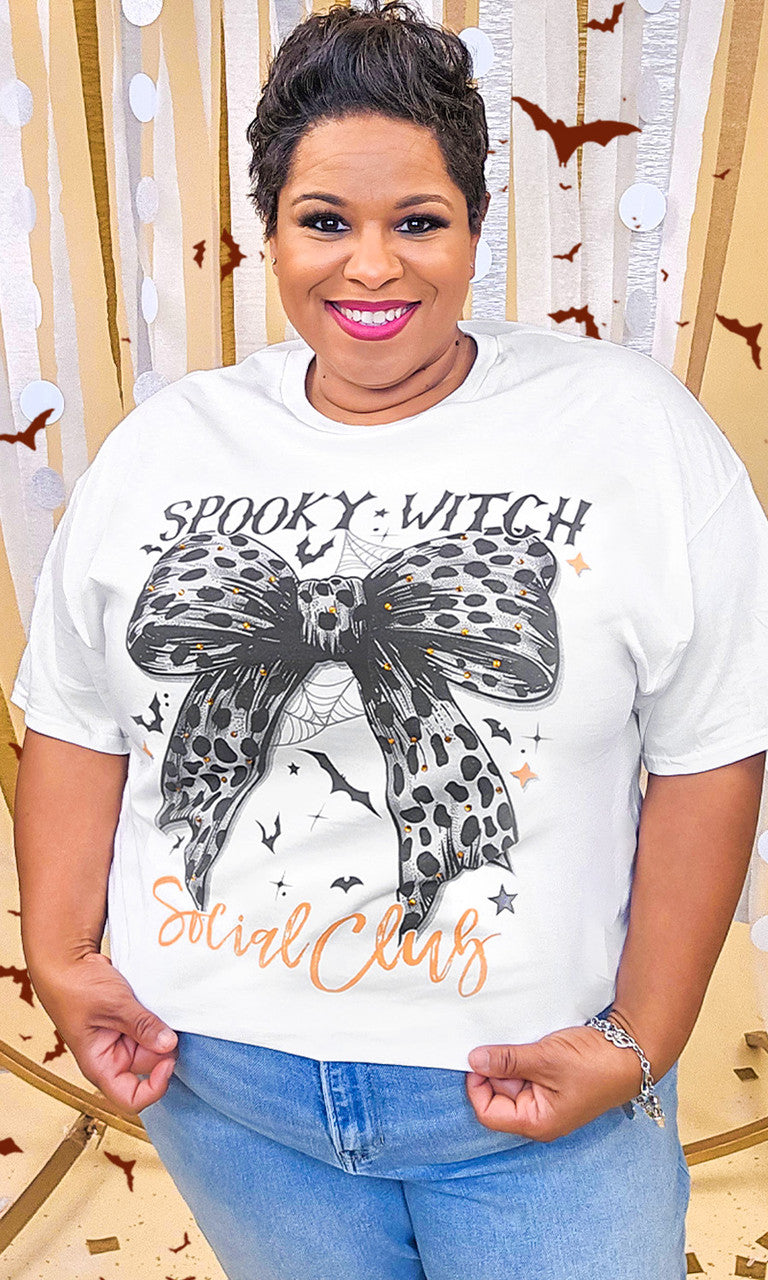 Spooky Witch Social Club Cheetah Bow Rhinestone Graphic Shirt