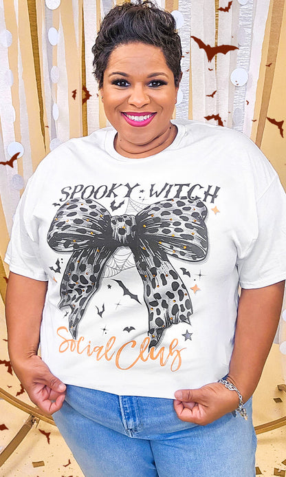 Spooky Witch Social Club Cheetah Bow Rhinestone Graphic Shirt