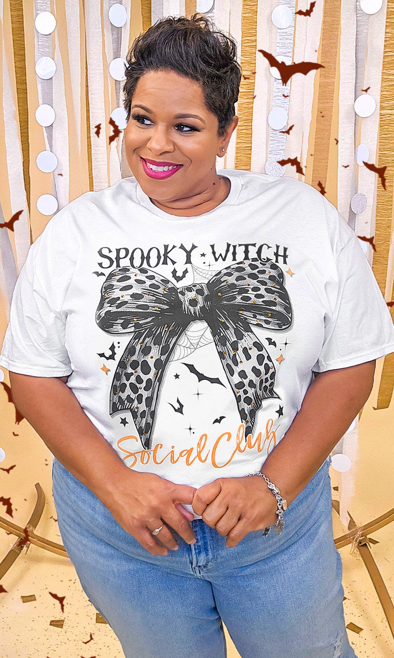 Spooky Witch Social Club Cheetah Bow Rhinestone Graphic Shirt
