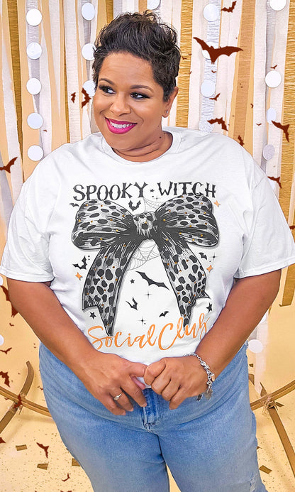 Spooky Witch Social Club Cheetah Bow Rhinestone Graphic Shirt