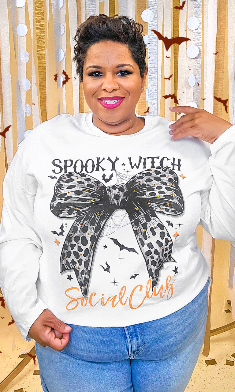 Spooky Witch Social Club Cheetah Bow Rhinestone Graphic Long Sleeve Shirt