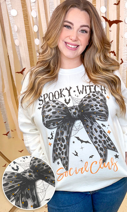 Spooky Witch Social Club Cheetah Bow Rhinestone Graphic Sweatshirt