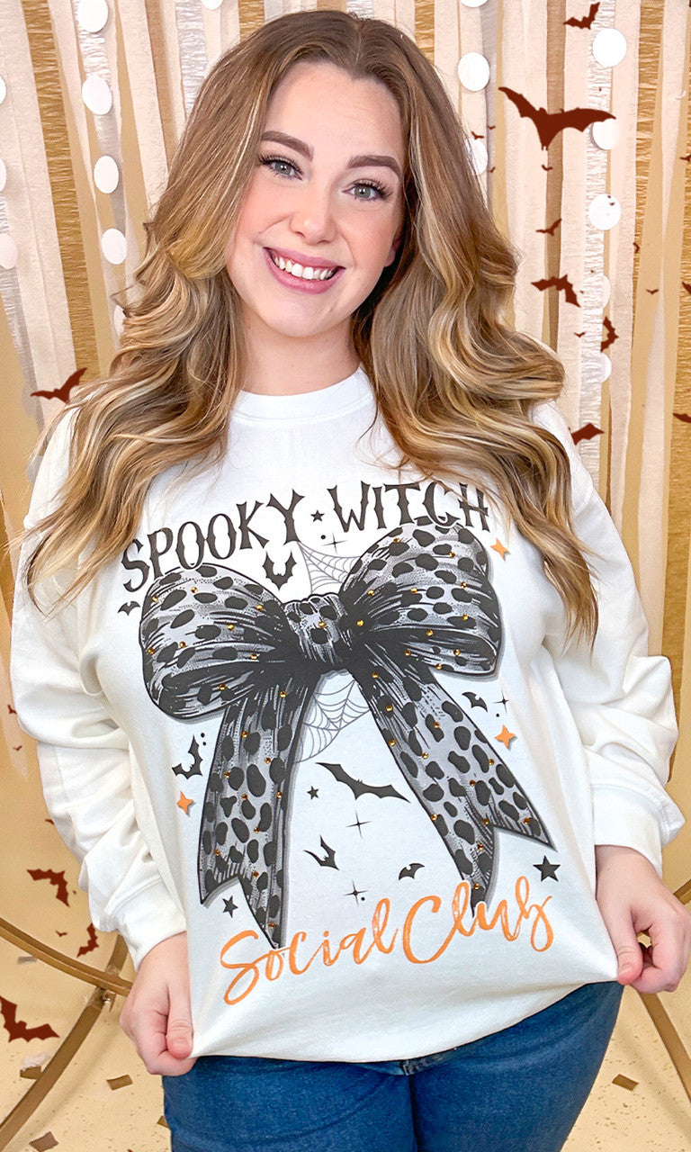 Spooky Witch Social Club Cheetah Bow Rhinestone Graphic Sweatshirt