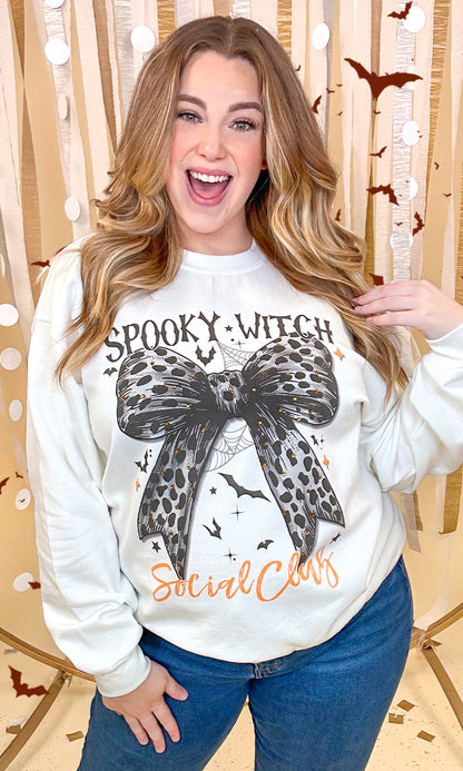 Spooky Witch Social Club Cheetah Bow Rhinestone Graphic Sweatshirt