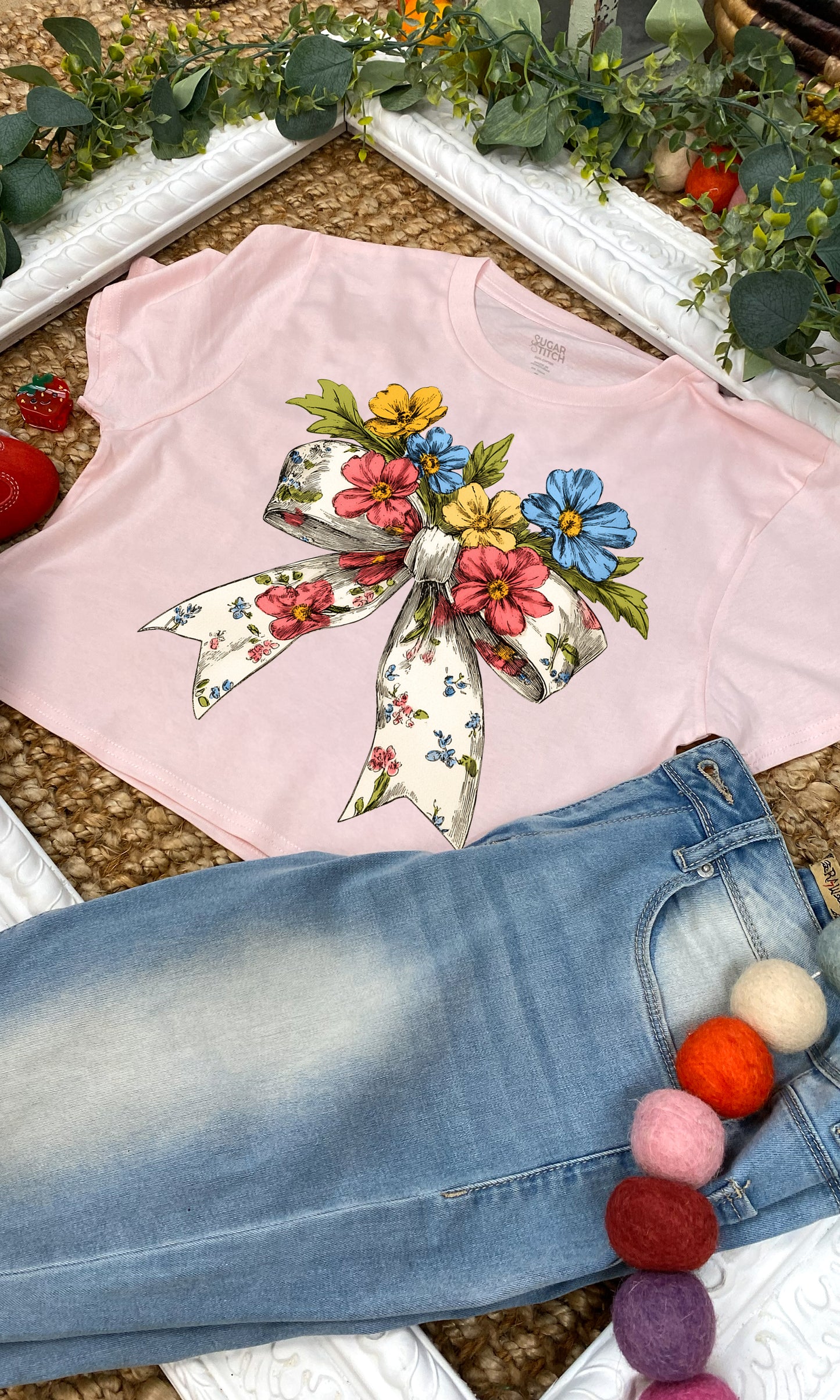 Spring Bow Graphic Crop Top Shirt