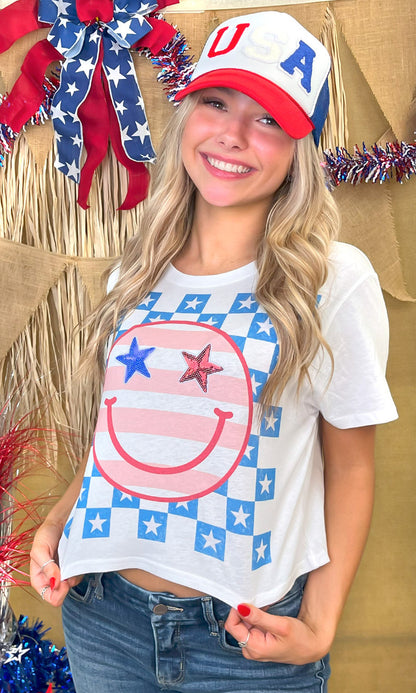 Stars and Stripes Smile Graphic Crop Top T-Shirt