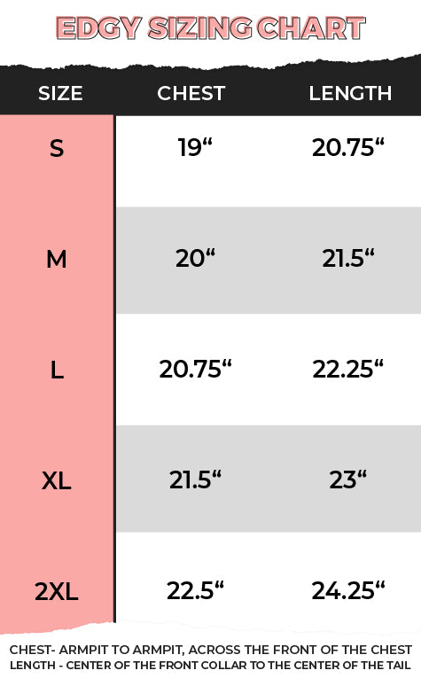 Sizing guide for the Witch's Brew Halloween Edgy Graphic Shirt, featuring measurements for optimal fit.
