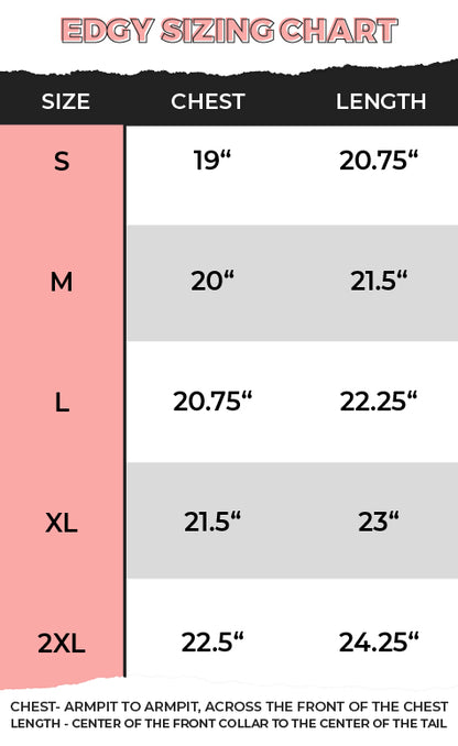 Sizing guide for the Witch's Brew Halloween Edgy Graphic Shirt, featuring measurements for optimal fit.