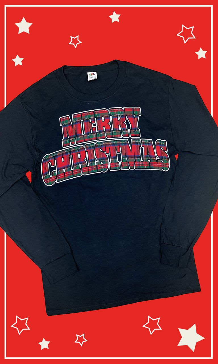 Tartan Merry Christmas Graphic Long Sleeve T-Shirt