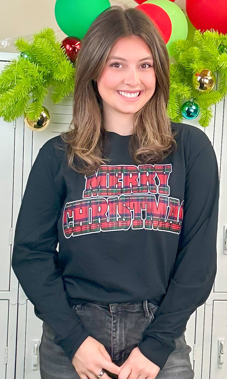 Tartan Merry Christmas Graphic Long Sleeve T-Shirt