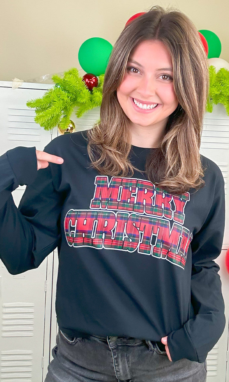 Tartan Merry Christmas Graphic Long Sleeve T-Shirt