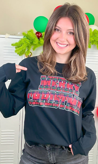 Tartan Merry Christmas Graphic Long Sleeve T-Shirt