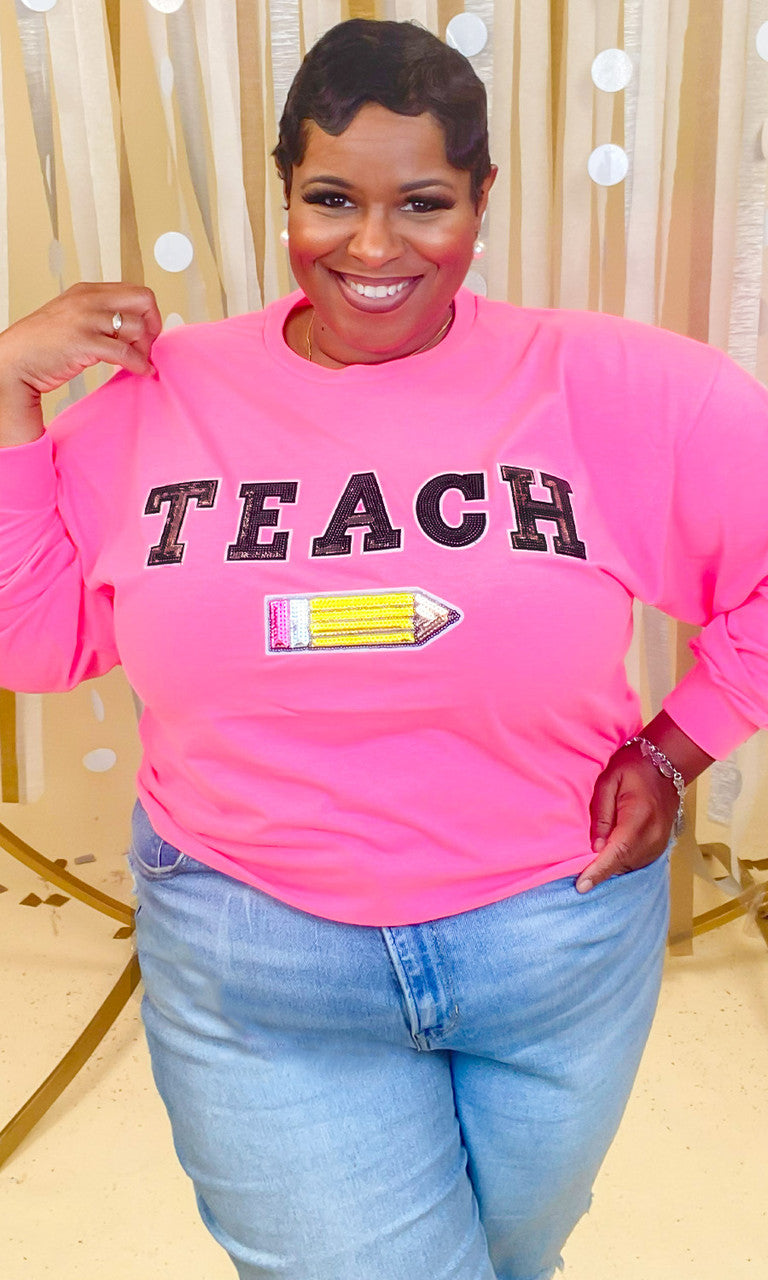 Teach Pencil Sequin Graphic Long Sleeve T-Shirt