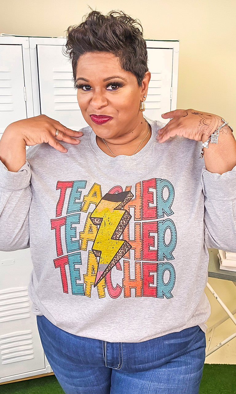 Teacher Stack Lightening Bolt Graphic Long Sleeve Shirt