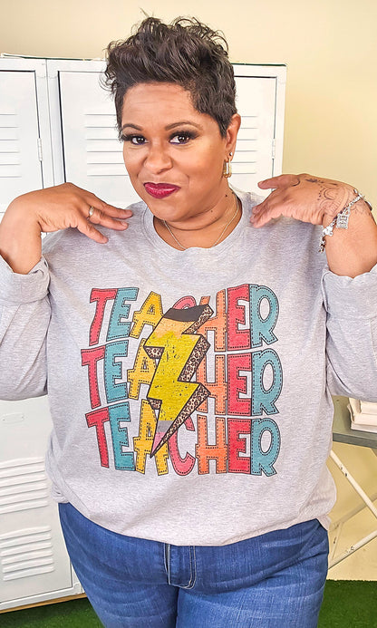 Teacher Stack Lightening Bolt Graphic Long Sleeve Shirt
