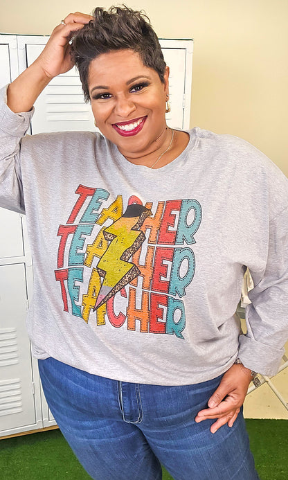 Teacher Stack Lightening Bolt Graphic Long Sleeve Shirt