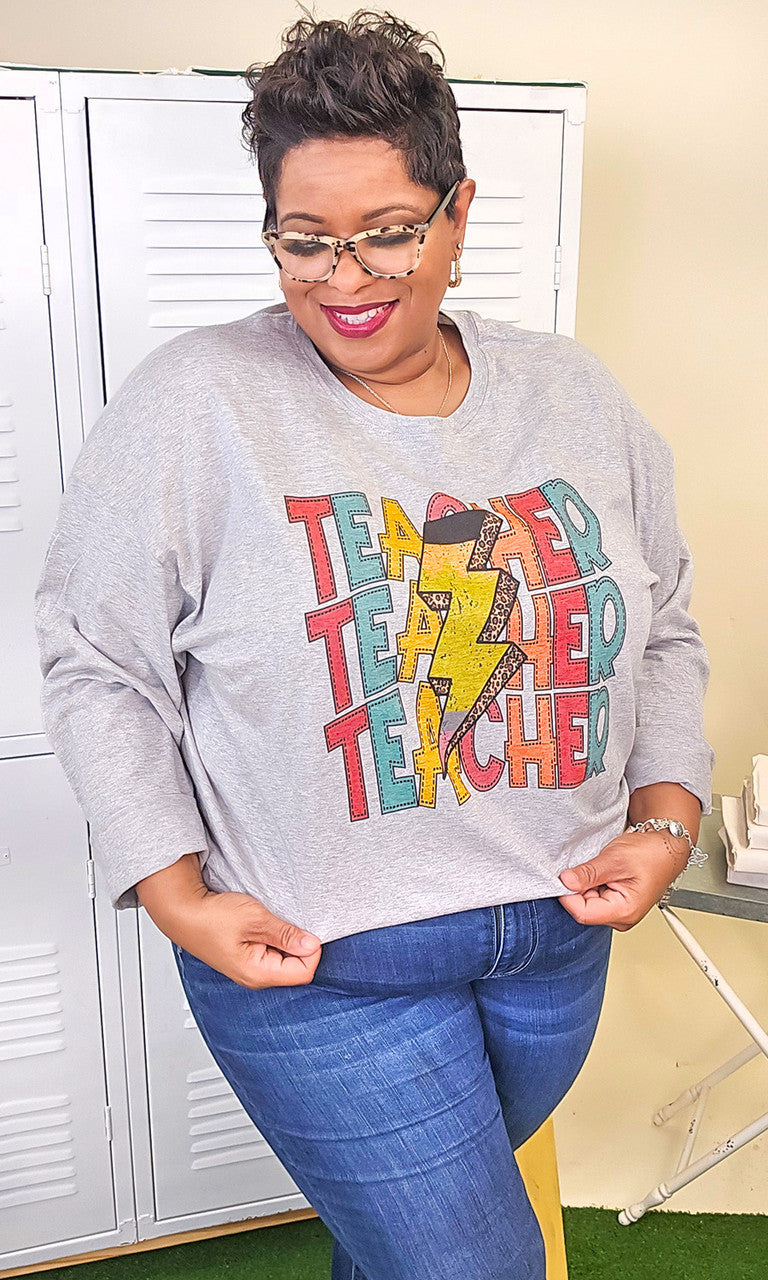 Teacher Stack Lightening Bolt Graphic Long Sleeve Shirt