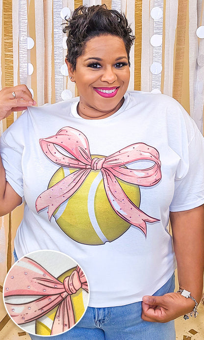 Tennis Pink Bow Rhinestone Graphic Shirt