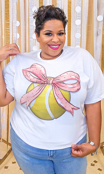 Tennis Pink Bow Rhinestone Graphic Shirt
