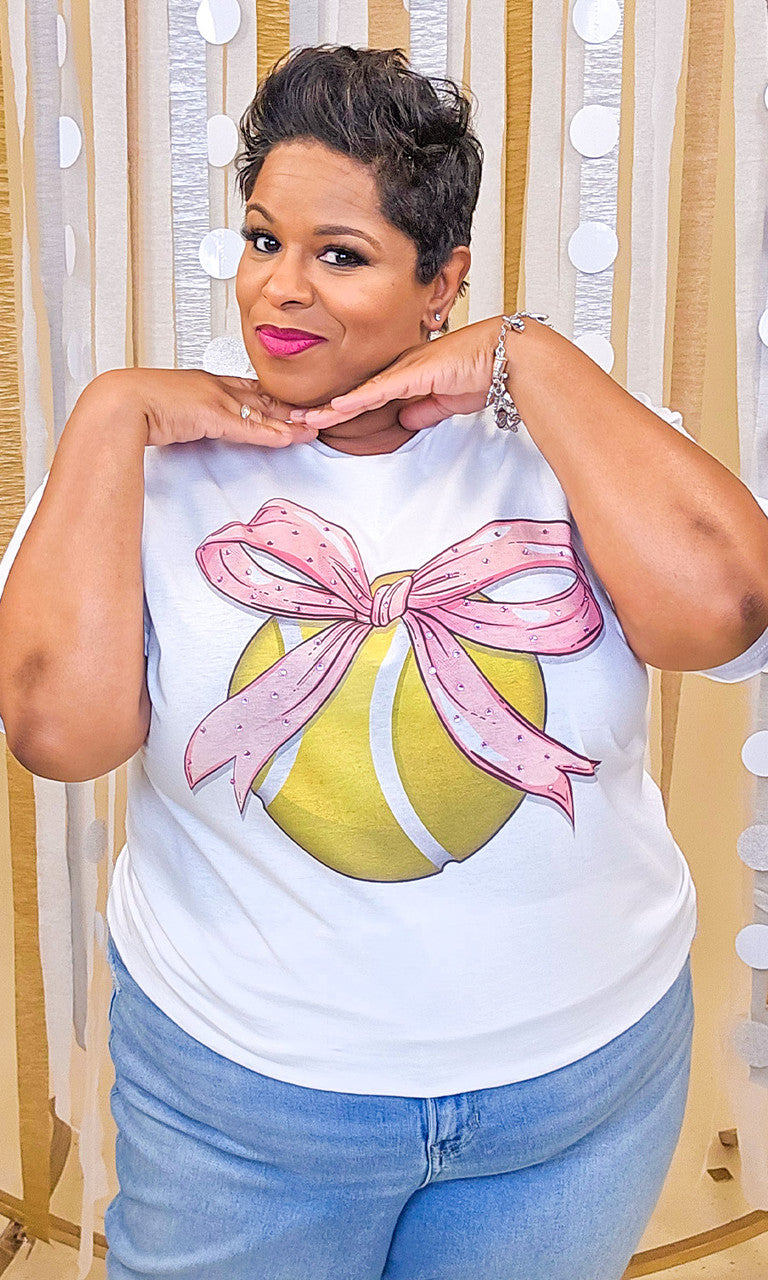 Tennis Pink Bow Rhinestone Graphic Shirt