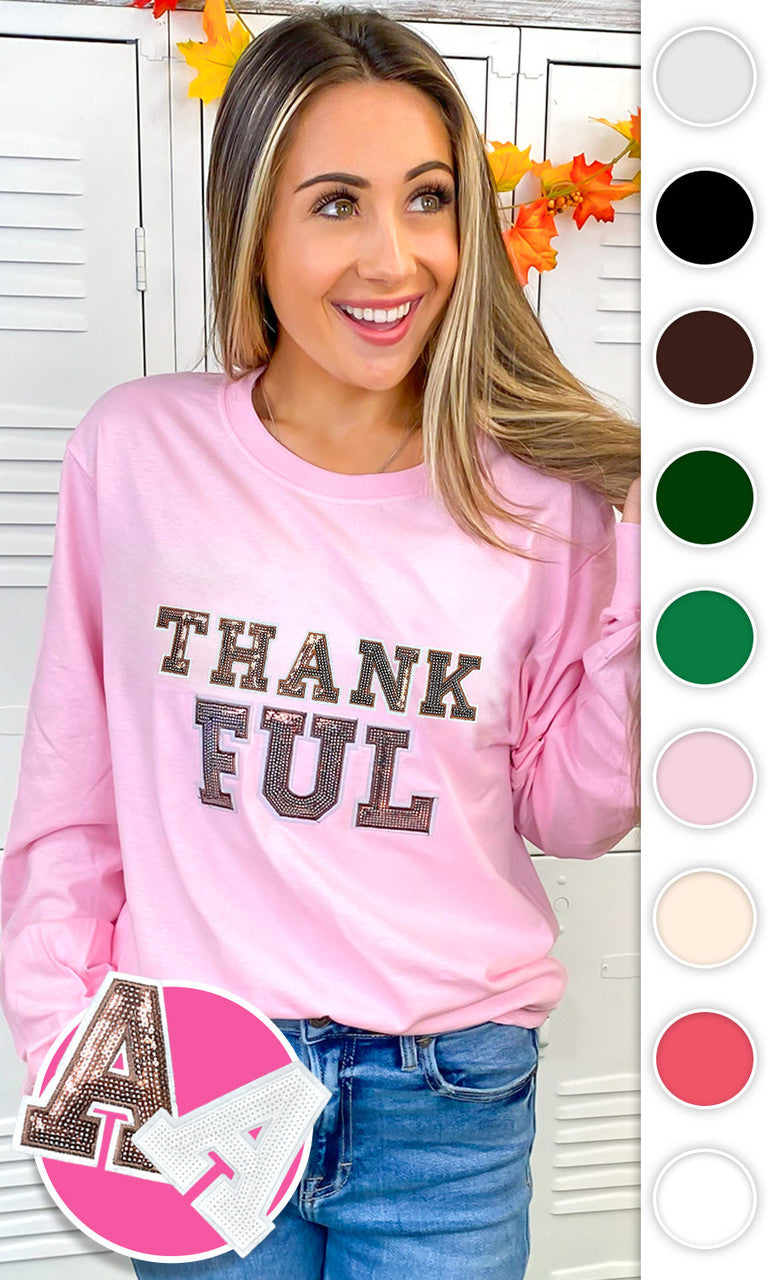 Thankful Sequin Graphic Long Sleeve T-Shirt