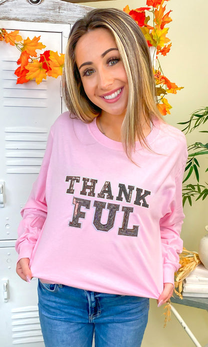 Thankful Sequin Graphic Long Sleeve T-Shirt