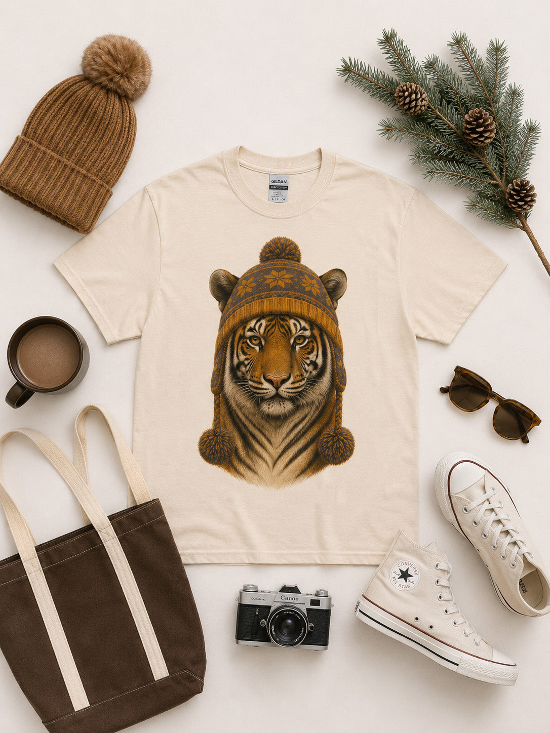 Tiger Winter Hat Graphic T-Shirt