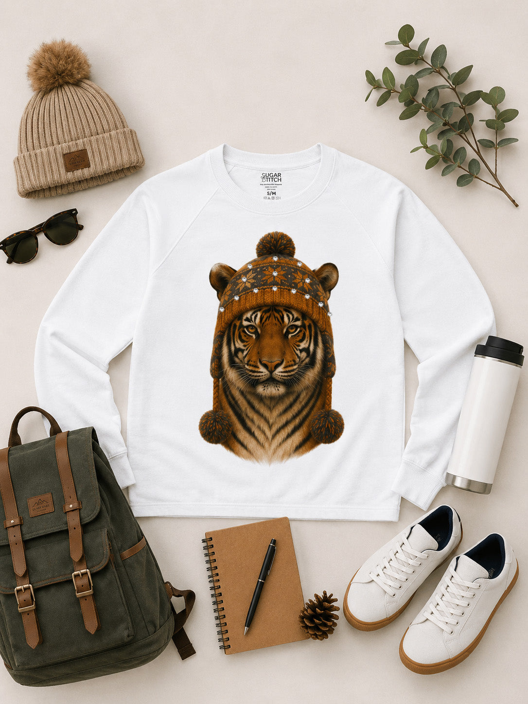 Tiger Winter Hat Graphic Long Sleeve Edgy Shirt